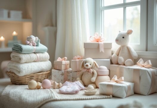 Professionelt billede af gaver til nyfødte, prydet med bløde tekstiler og søde detaljer til børn.